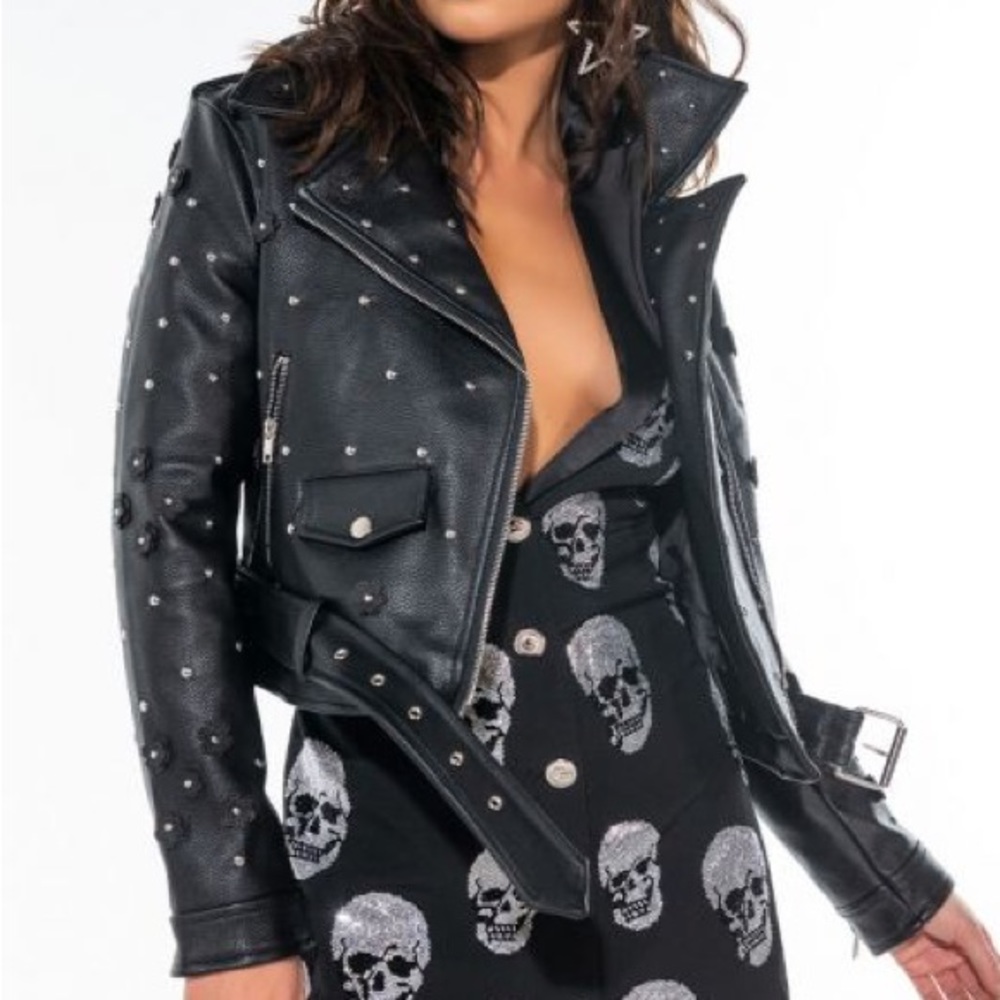 AZALEA WANG Ditsy Daisy Moto Studded Faux Leather Jacket